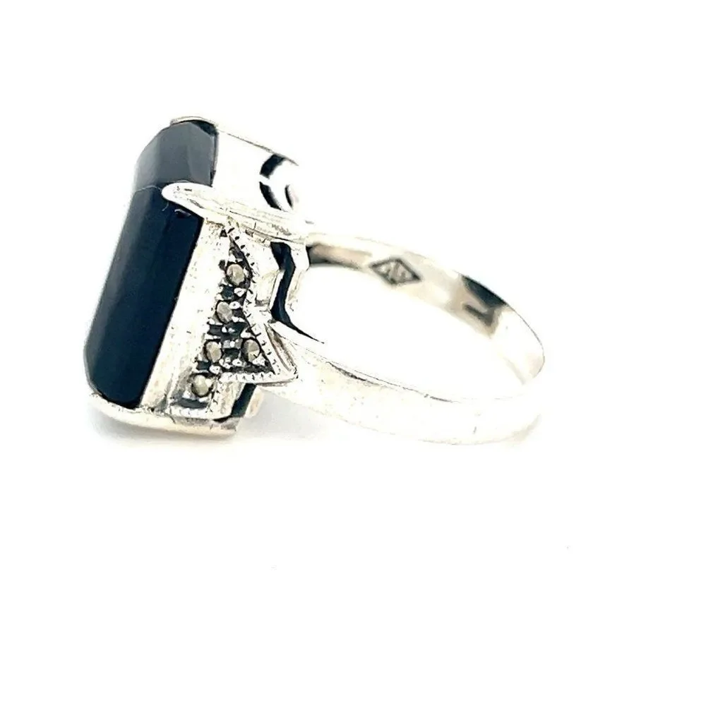 Large Rectangular Onyx/Marcasite Sterling Silver 925 Ring‎